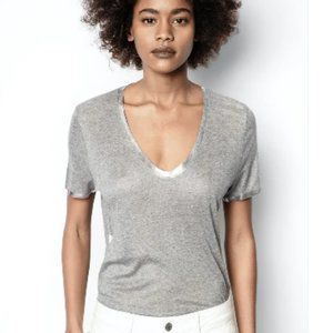 Zadig & Voltaire Tino Silver Foil-Trimmed Tee L Gris Chine Gray Metallic Knit